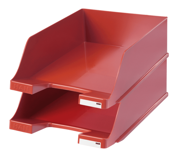 Zwei extrahohe, rote Briefablagen KLASSIK XXL übereinander gestapelt