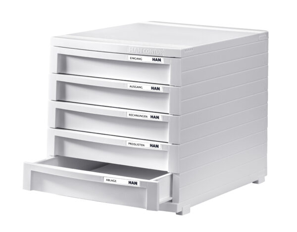 Schubladenbox CONTUR mit fünf beschrifteten Schubladen in weiß