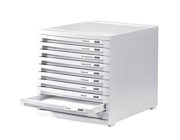 Schubladenbox CONTUR mit 10 beschrifteten Schubladen in weiß