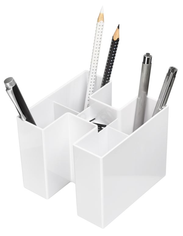 Ein weißer Stifteköcher mit verschiedenen Stiften befüllt